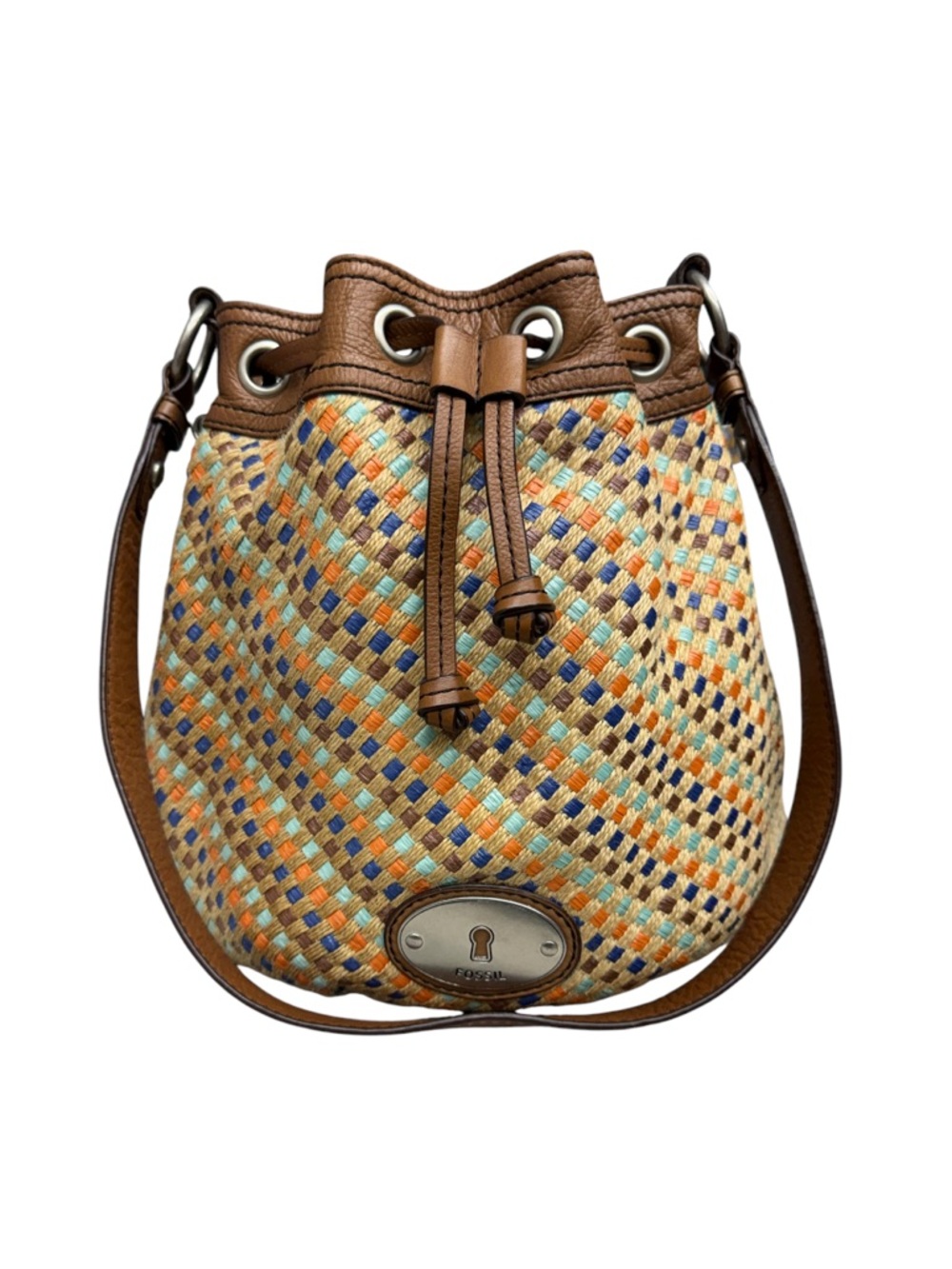 Fossil Multi-Color Woven Leather Maddox Drawstring Bucket Bag Boho